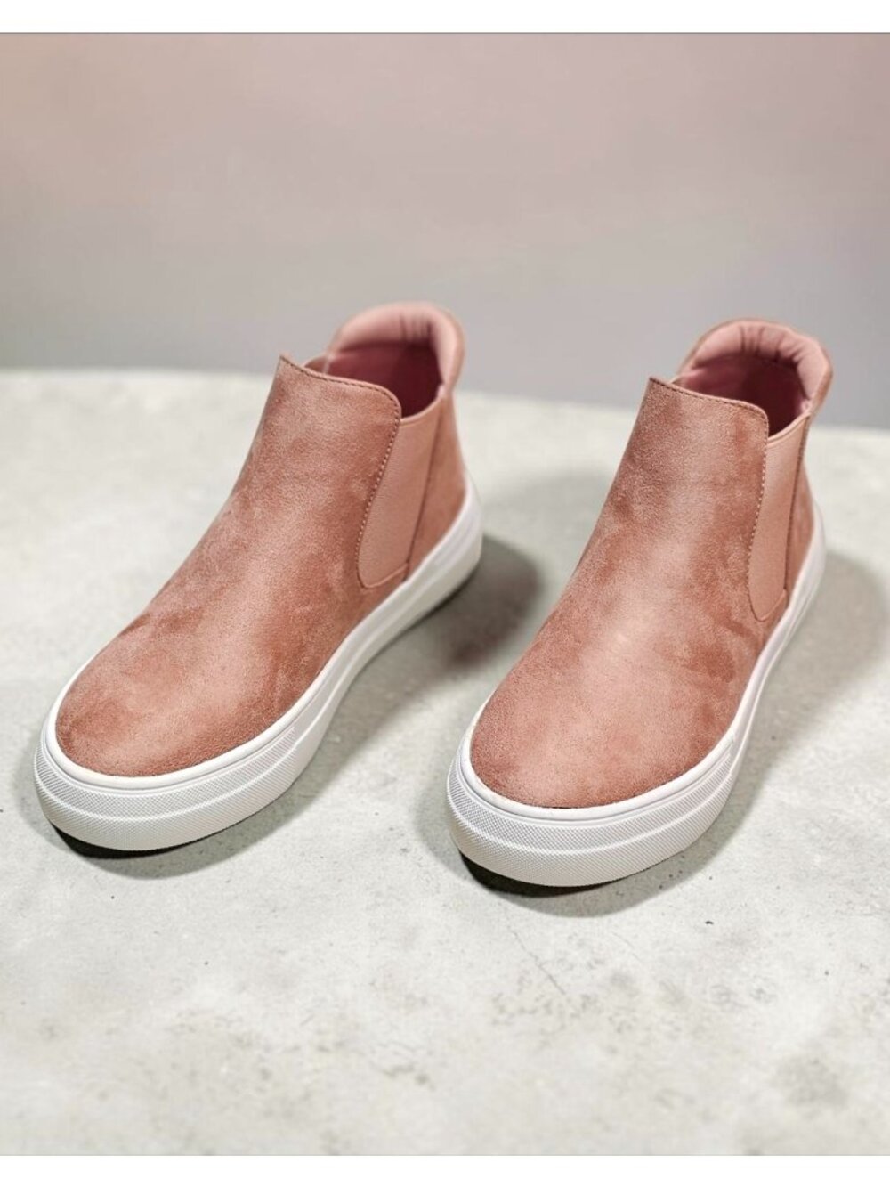 Blush Nubuck Slip-On Platform Sneakers With Elastic Side Panels & White Soles Fo - Picture 5 of 14